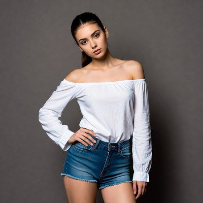 Young woman in off-shoulder top and shorts