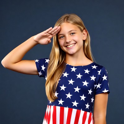 Girl saluting in American flag dress