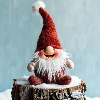 Smiling Gnome on Snowy Stump