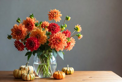 Orange Dahlias and Pumpkins in Vase