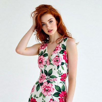 Redhead woman in pink floral dress