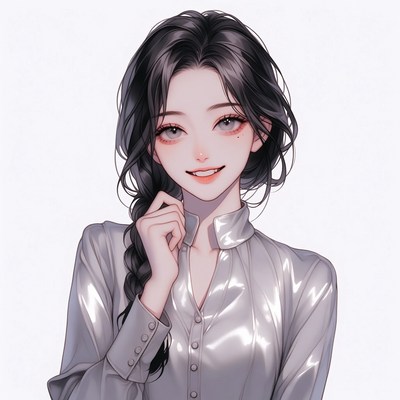 Anime girl smiling in shiny silver shirt