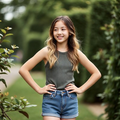 Asian girl smiling in garden