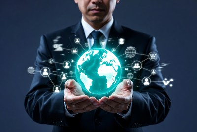 Asian man holding digital globe