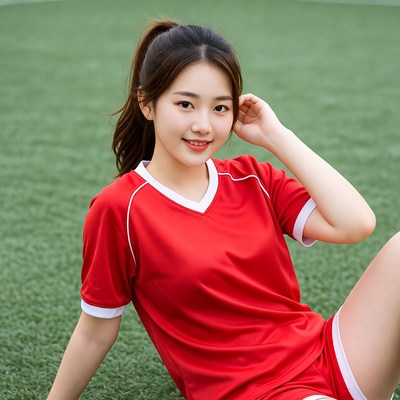 Asian woman in red soccer uniform on grass