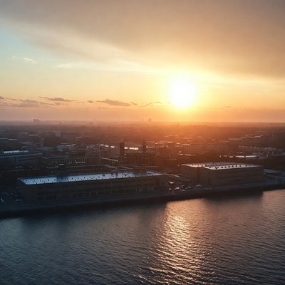 Sunset over city waterfront buildings