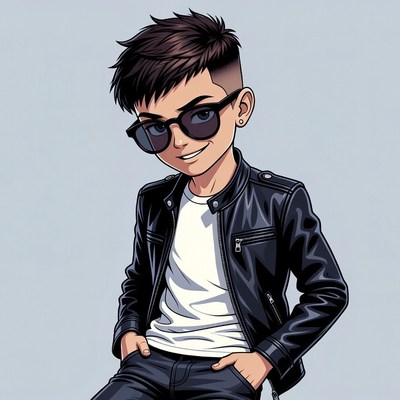 Anime boy in leather jacket and sunglasses
