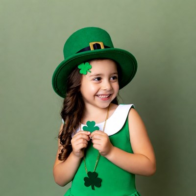 Girl in green leprechaun hat holding shamrock