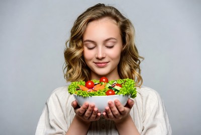 Woman holding fresh salad bowl
