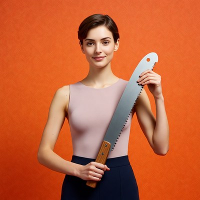 Woman holding large handsaw