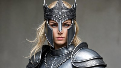Blonde woman in ornate silver helmet