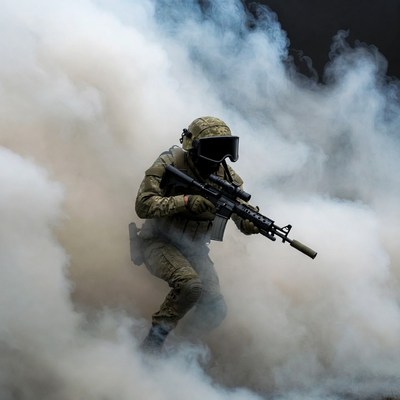 Soldier aiming rifle in smoke