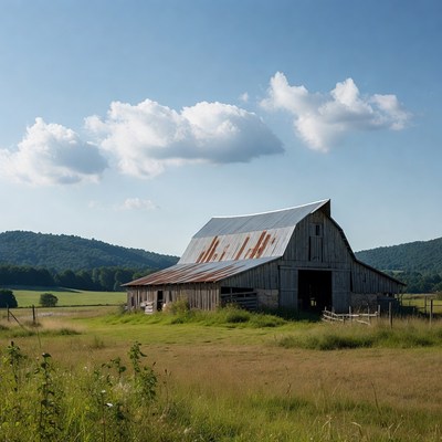 Rustic red barn in green field