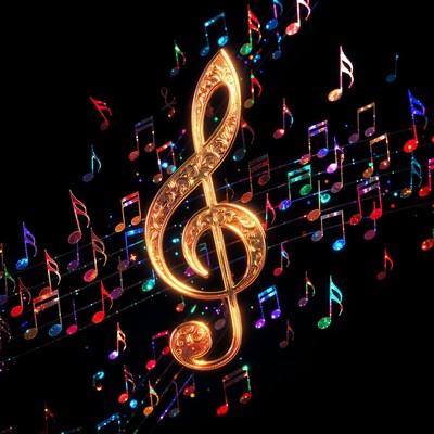 Golden Treble Clef with Colorful Notes