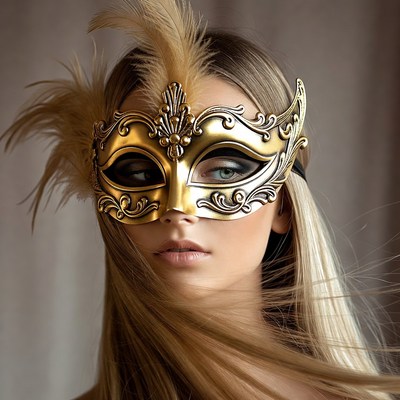 Woman wearing ornate gold masquerade mask