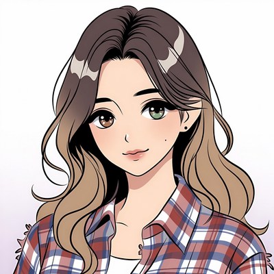 Anime girl with brown hair and plaid shirt