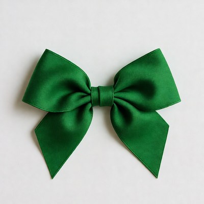 Green satin bow on white background