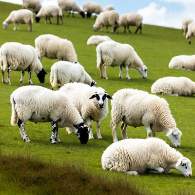 Herd of sheep grazing on green hill