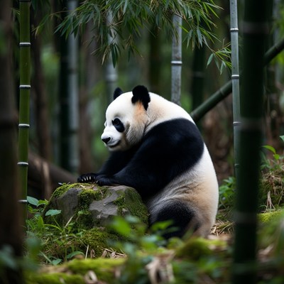 Panda sitting in bamboo forest