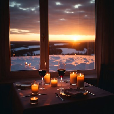 Romantic candlelit dinner by snowy sunset window