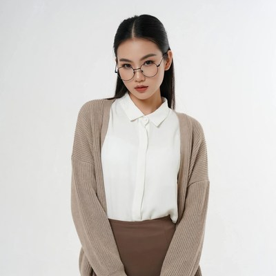Asian woman in beige cardigan and glasses