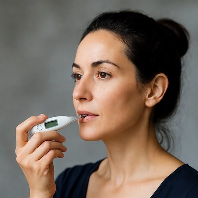 Woman taking temperature with thermometer