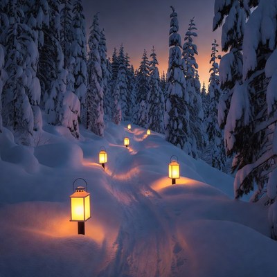 Snowy Path Lined with Lanterns