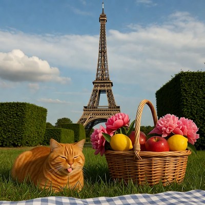 Orange cat with picnic basket Eiffel Tower
