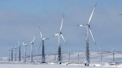 Wind Turbines in Snowy Landscape