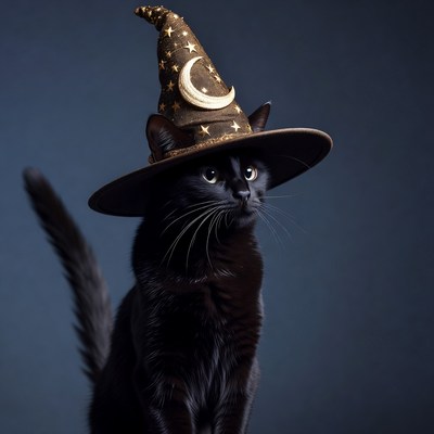 Black cat wearing witch hat