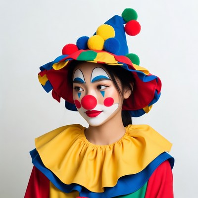 Asian woman in colorful clown costume