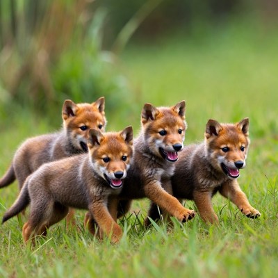 Five Shiba Inu Puppies Playing Grass