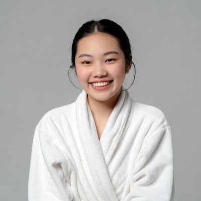 Asian woman smiling in white bathrobe