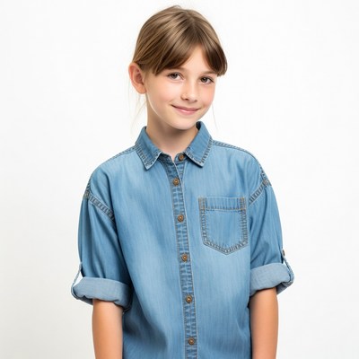Girl smiling in blue denim shirt