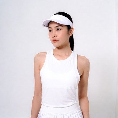 Asian woman in white tennis outfit