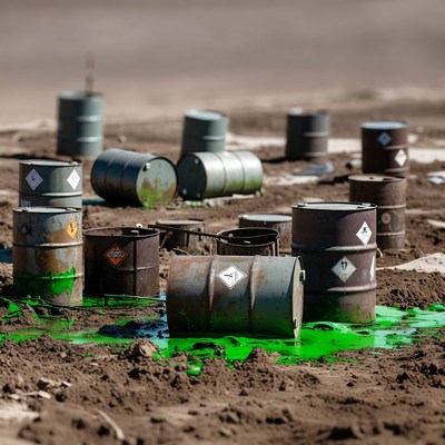 Hazardous Chemical Drums Leaking Green Spill