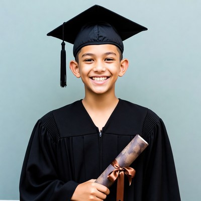 Boy in graduation gown holding diploma