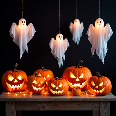 Jack-o'-lanterns and Ghosts on Table