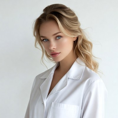 Blonde woman in white lab coat