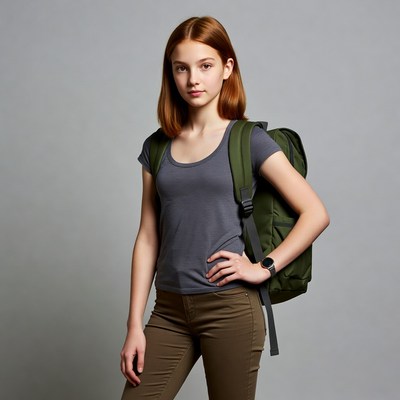 Redhead girl with green backpack