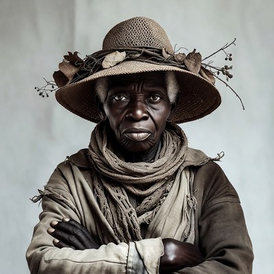 African woman in straw hat arms crossed