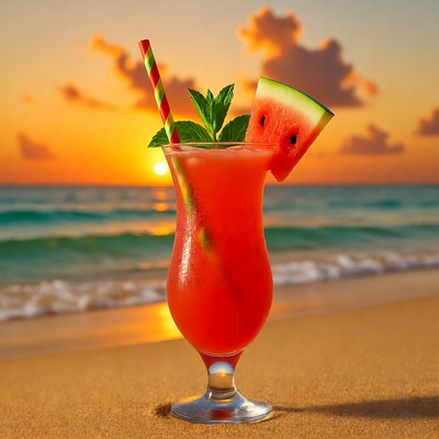 Watermelon cocktail on beach sunset