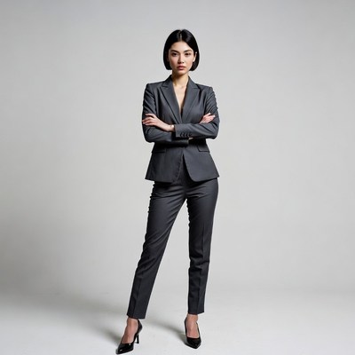 Asian woman in gray suit arms crossed