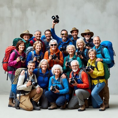 Group of seniors hiking with cameras