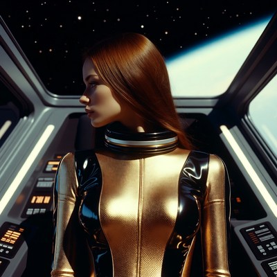 Woman in gold spacesuit on spaceship