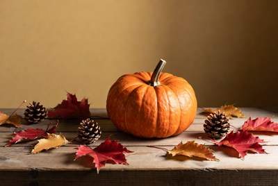 Pumpkin with autumn leaves and pinecones