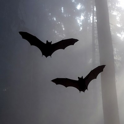 Bats flying in misty forest