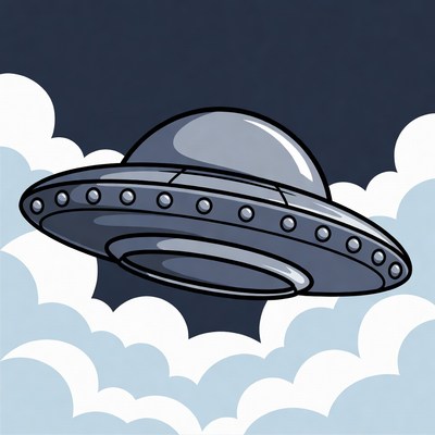 Cartoon UFO Flying in Clouds