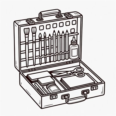 Open Artist Sketchbook with Supplies