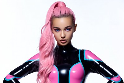 Woman in pink hair latex bodysuit